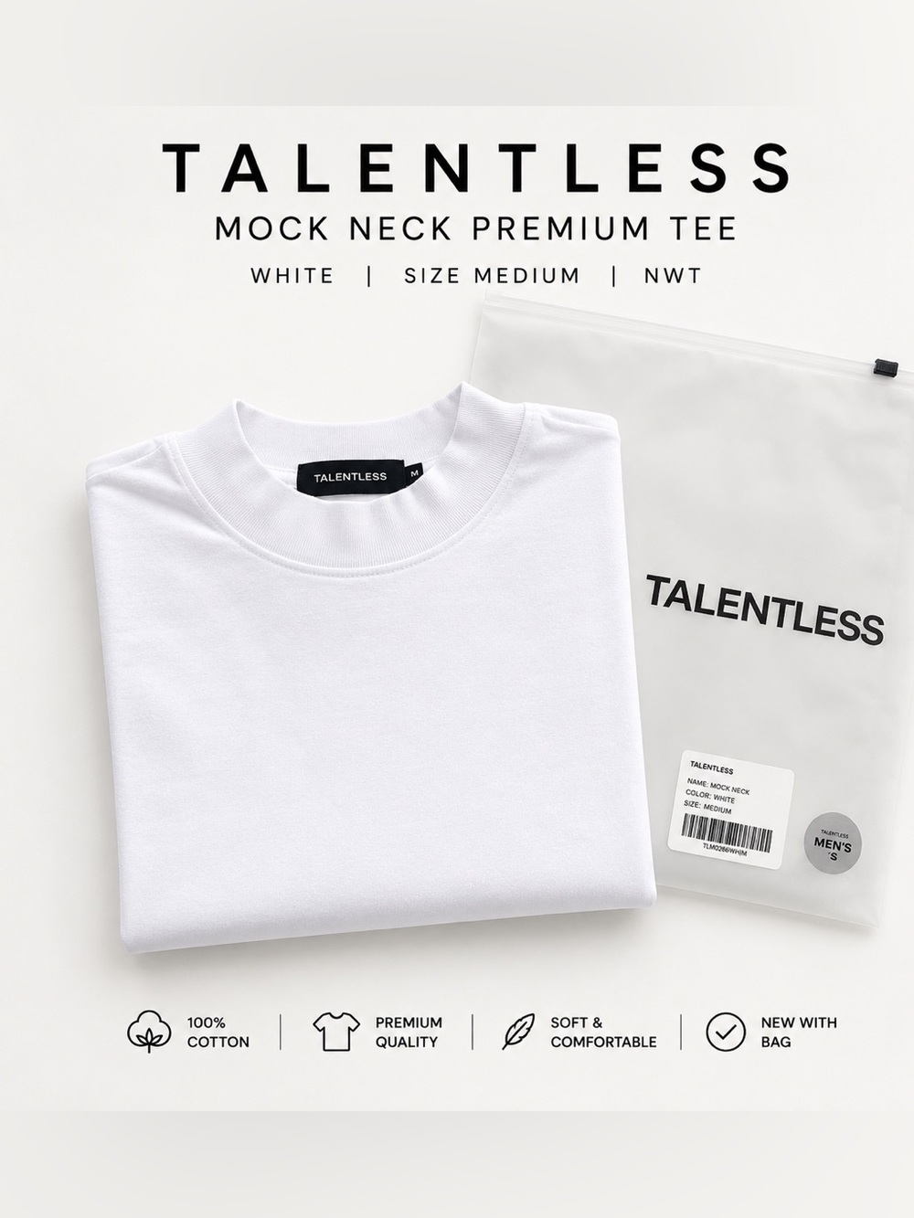 Talentless Mock Neck White Premium Tee Men’s Medium NWT Cotton Minimalist